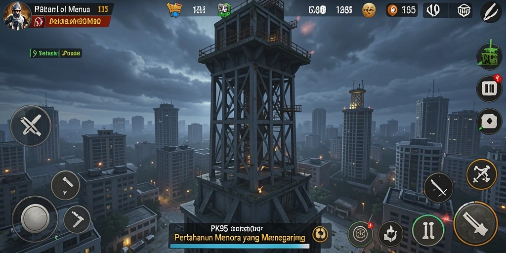 Tampilan gameplay menara pertahanan PK95 yang penuh aksi.